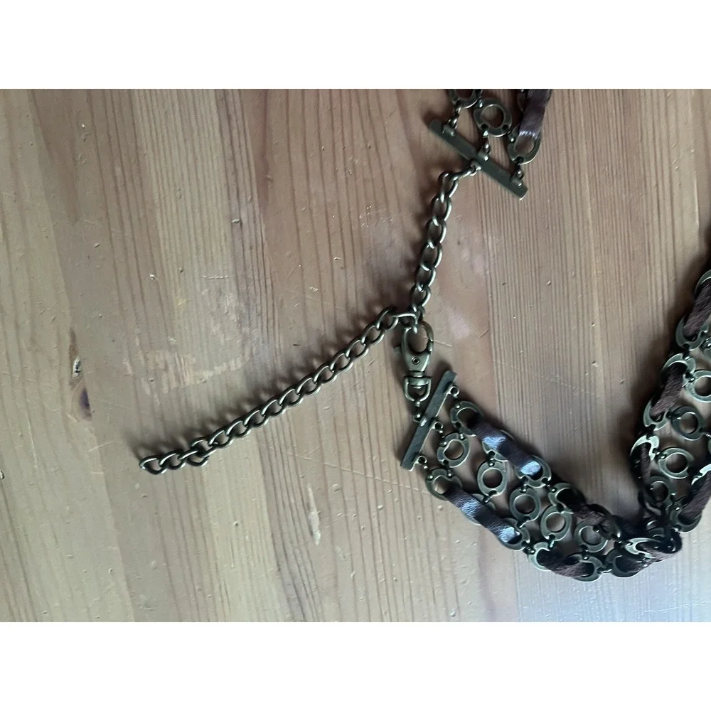 Vintage Brass & Brown Leather Chain Belt Adjustable Boho Hippie Festival 38